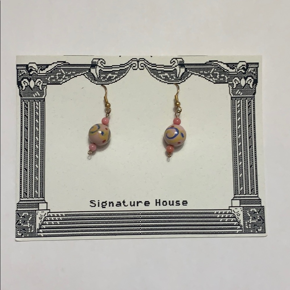 Dangle earrings with pink hand painted beads